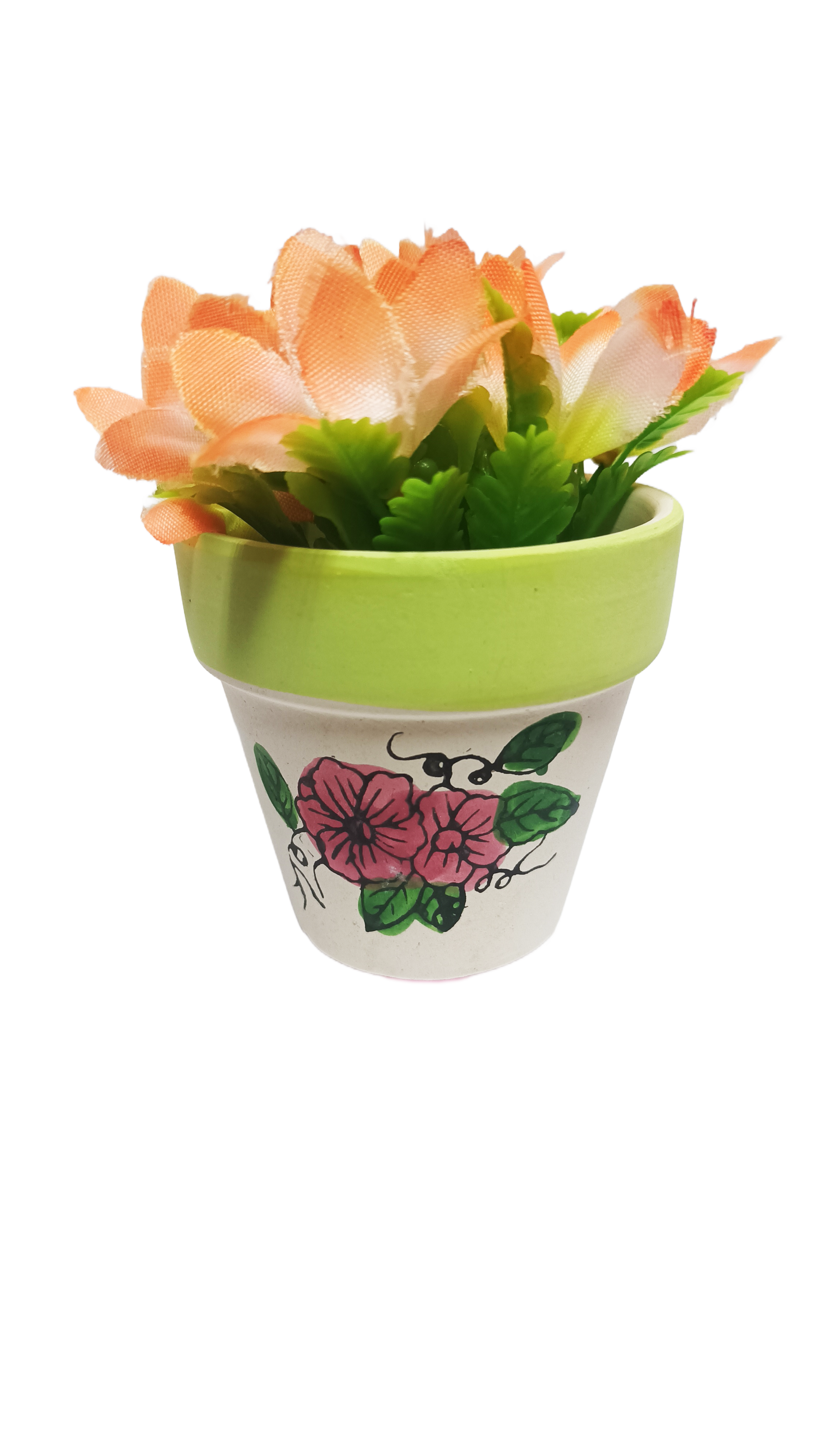 Декоративни пъстри цветя в цветни саксии в оранжево