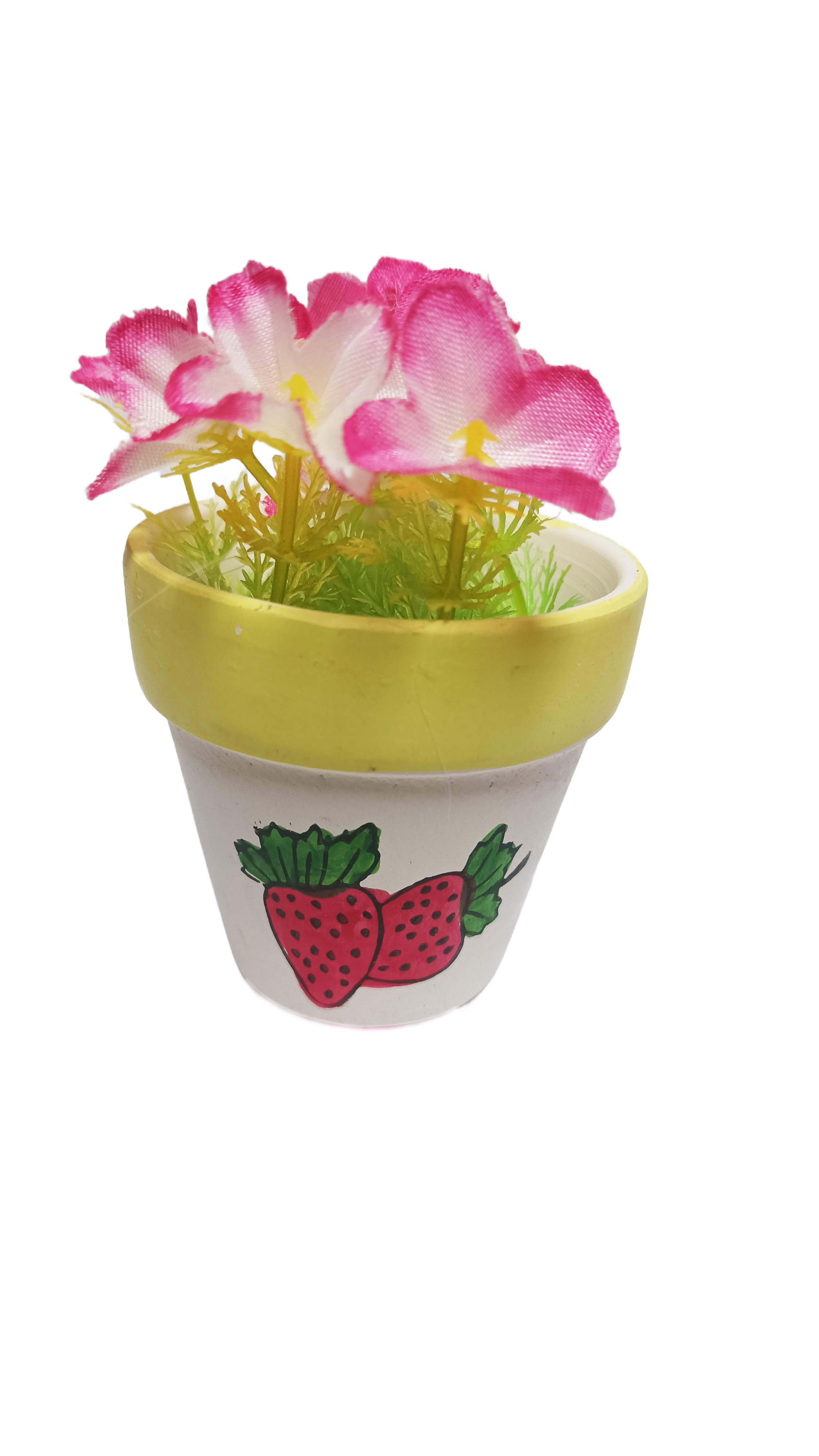 Декоративни пъстри цветя в цветни саксии в розово