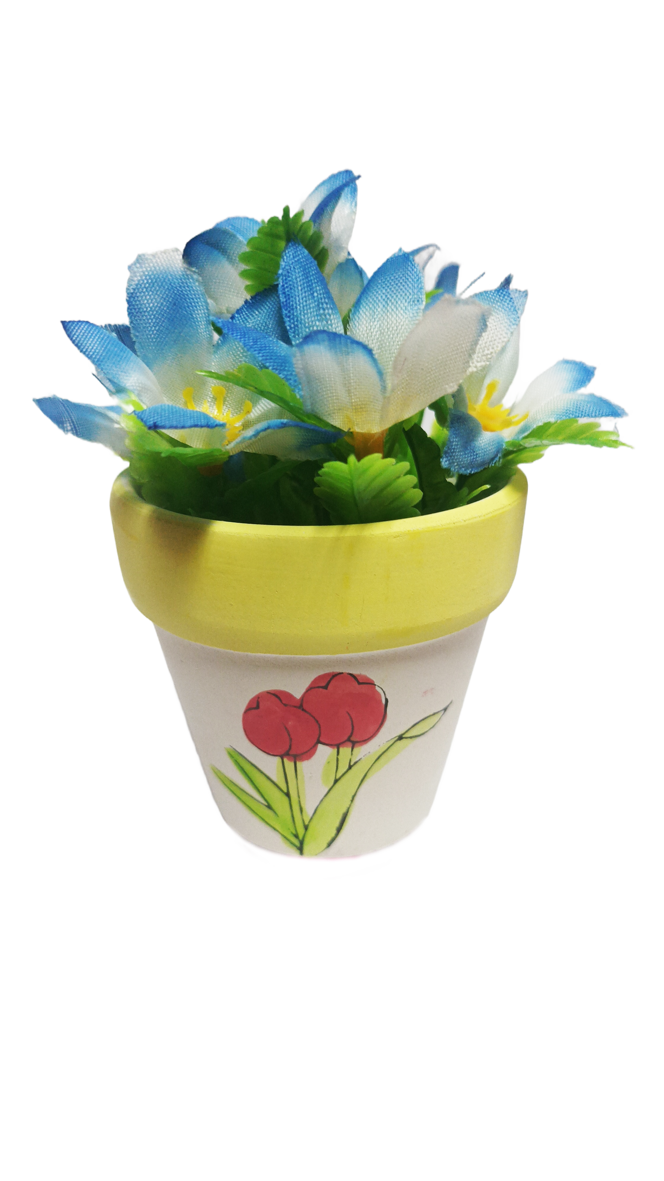 Декоративни пъстри цветя в цветни саксии в синьо