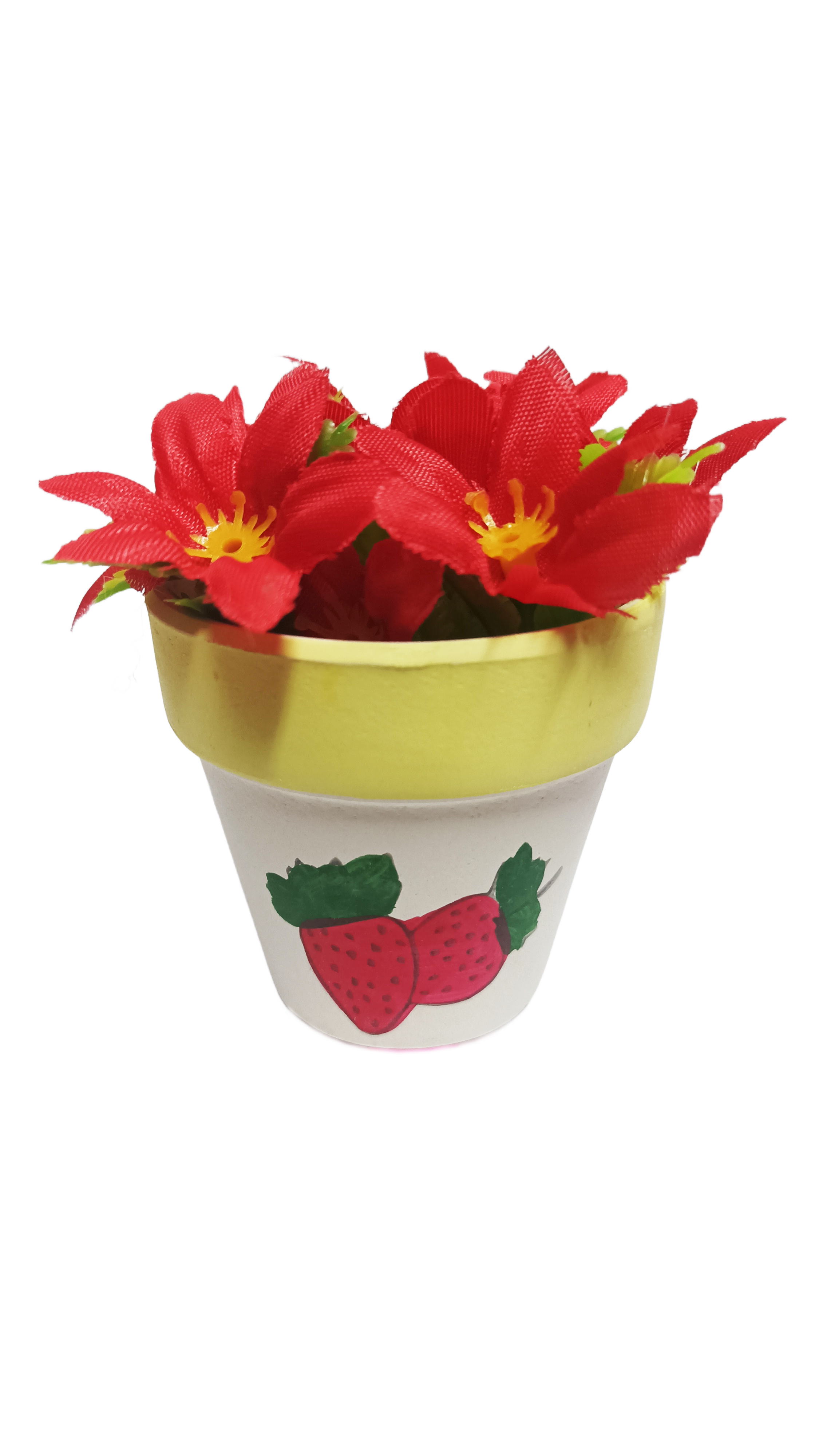 Декоративни пъстри цветя в цветни саксии в червено