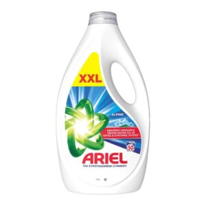 Течен прах Ariel Alpine за бяло премахва петна/миризими при студено и кратко пране 50пр 2.25л