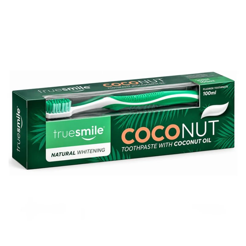 Паста за зъби TrueSmile Coconut с кокосово м-ло за естествено избелване + четка 100мл
